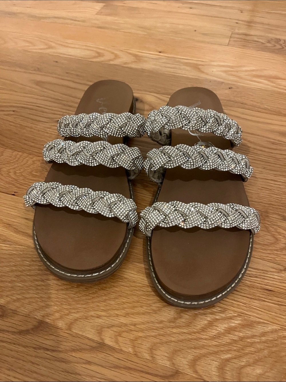 Very G Rhinestone Braided Strap Sandals Size 11 | Sparkly Slip-On Slides